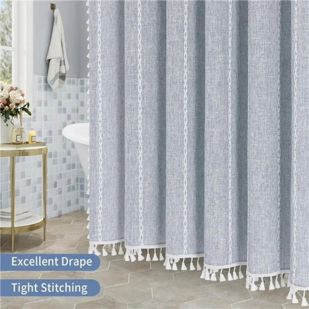 Blue Boho Fabric Shower Curtain, Modern Farmhouse Polyester Linen Shower Curtain